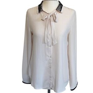 Loft Petites‎ Tie Neck Lace Detail Long Sleeve Blouse Cream Polyester chiffon SP